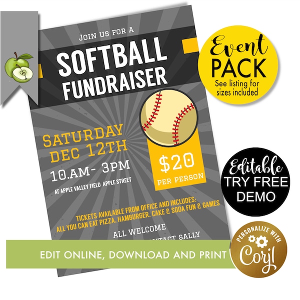 Editable Softball fundraiser flyer template, softball tournament poster, school fundraiser, Printable PTA PTO, sports coach digital download