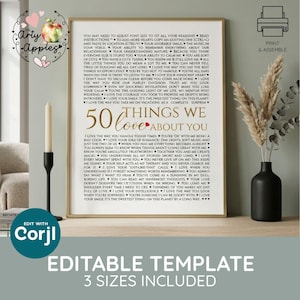 Könnte beinhalten: Ein vertikales rechteckiges Poster mit dem Text 50 THINGS WE LOVE ABOUT YOU in Gold und Schwarz, umgeben von einer Liste mit Gründen in schwarzer Schrift. Das Poster ist in einem dünnen Goldrahmen auf einer Holzoberfläche neben einer schwarzen Vase.