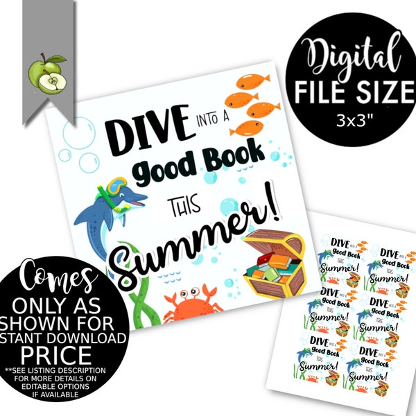 teacher class graduation Book gift tag, dive into a good book this summer, library printable, Book lovers, bookworms, read instant download