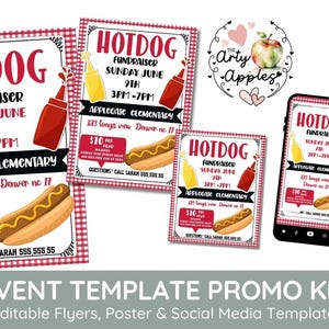 EDITIERBARE Hotdog-Spendenaktions-Flyer und E-vite-Vorlage, Benefizveranstaltung für Schulen, gemeinnütziges Poster der Pto Pta-Kirchenschule, Grill aus