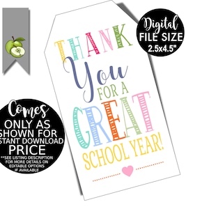 Thank you for a great school year Teacher Appreciation gift tag, thank you Teacher Gift Tag, printable Teacher thank you, Printable