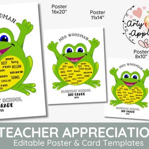 Carte imprimable modifiable de grenouille d'appréciation d'enseignant, pépinière de jardin d'enfants, noms de classe personnalisés, cadeau de retraite de longue durée de première année