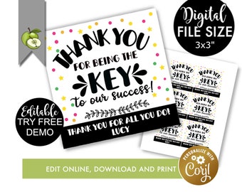 Editable Key to our success,employee gift tags, keyring keychain tag, key tags, Appreciation, successful students, Printable Tags, Printable