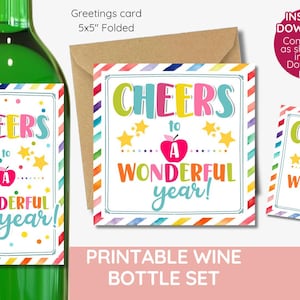 ¡Saludos por un año maravilloso! Etiqueta para botella de vino, etiquetas de regalo para maestros, tarjeta de verano, playa, regalo para maestros, fin de año, imprimible.