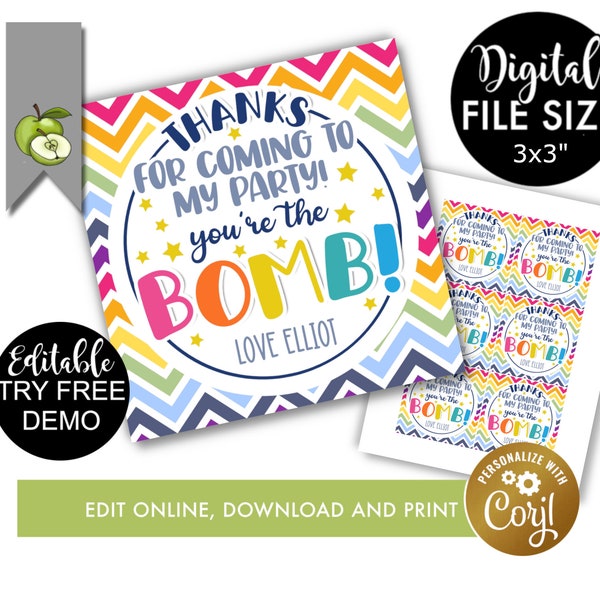 Editable Bath bomb gift tag, birthday party printable bath bomb, thank you you're the bomb, Teacher appreciation party favor wedding