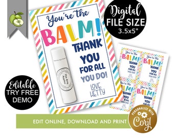 You're the balm editable gift tags, teacher appreciation, mother's day gift tags, lipstick, printable, lip balm tags happy birthday, corjl