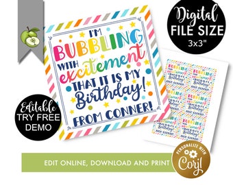 Editable Bubbling with excitement party favor printable gift tag, bubbles birthday favours, 3x3nches round, bubbles, edit yourself corjl