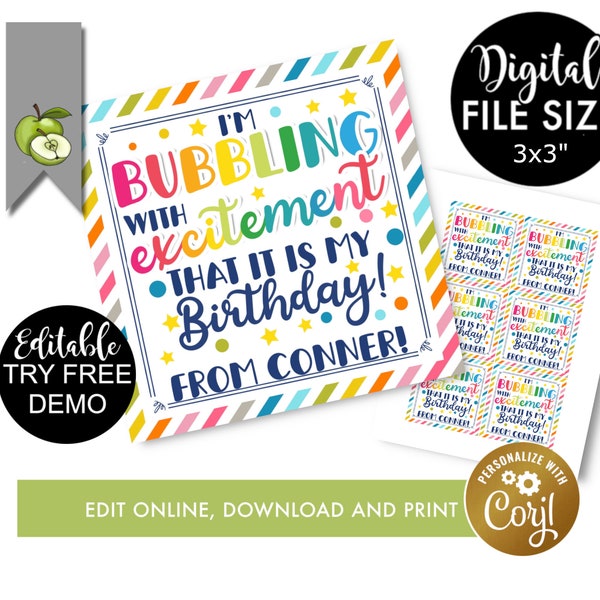 Editable Bubbling with excitement party favor printable gift tag, bubbles birthday favours, 3x3nches round, bubbles, edit yourself corjl