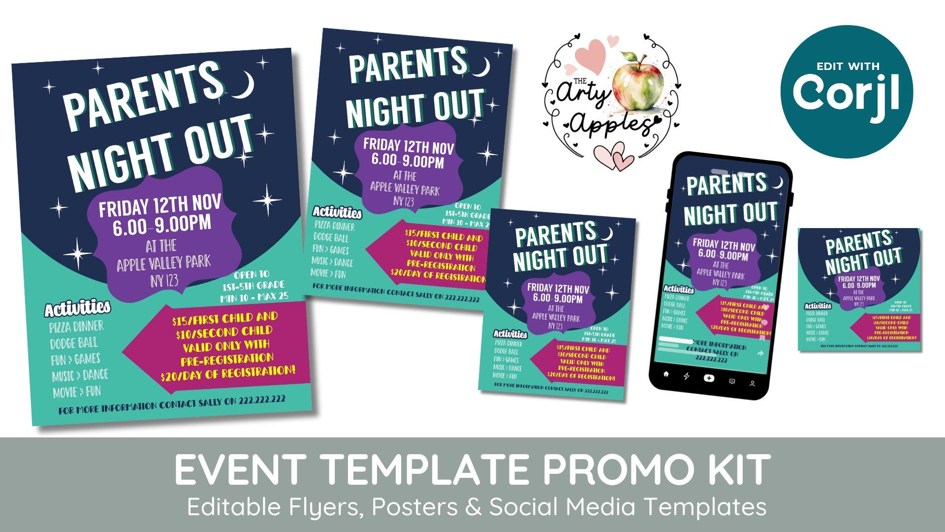 editable Parents Night out poster, PTO PTA Parents evening Template, invite event poster, Printable  meeting, digital download, school event