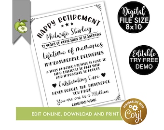 Personalized Midwife Retirement Template, Perfect Gift for Nurse, Doctor, or Hospital Staff - Printable & Easy to Edit, Printable, corjl