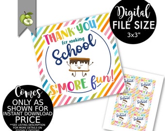 s'more gift tags for School, thanks for making school S'more fun printable Gift Tag, teacher appreciation friends, Thank you, Team mom