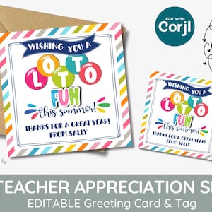 Etiqueta y tarjeta de regalo de agradecimiento para boletos de lotería, imprimibles y editables, deseándoles mucha diversión con la lotería este verano, tarjeta de agradecimiento para maestros, personal escolar