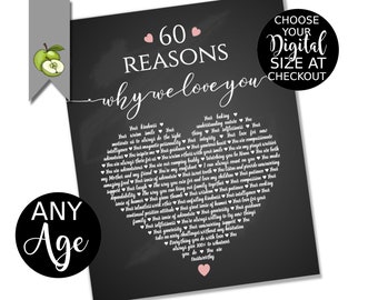 60 things we love about you, reasons why we love you heart gift, sixty favourite things, memories, Family, mom, daughter, printable, M9 s9