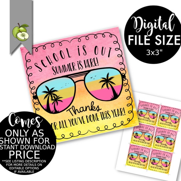 School is out summer is here teacher appreciation gift tags, end of school year gift, beach tote, digital DOWNLOAD, Thank you Printable