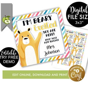 Editable I'm beary excited you are here,  classmate tag, friend tag, back to school, Gummy bear, favour tag, editable teacher printablel