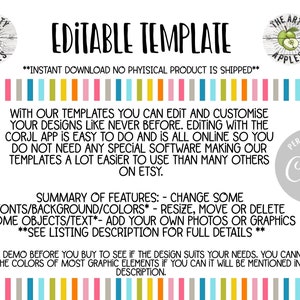 Puede incluir: Plantilla editable para personalizar dise&ntilde;os con la aplicaci&oacute;n Corjl. El texto dice "The Arty Apples" con un gr&aacute;fico de manzanas. El texto "Plantilla editable" est&aacute; en letras grandes y negritas. El texto "Descarga instant&aacute;nea No se env&iacute;a ning&uacute;n producto f&iacute;sico" est&aacute; en letras m&aacute;s peque&ntilde;as. El texto "Con nuestras plantillas puedes editar y personalizar tus dise&ntilde;os como nunca antes. La edici&oacute;n con la aplicaci&oacute;n Corjl es f&aacute;cil de hacer y est&aacute; completamente en l&iacute;nea, por lo que no necesitas ning&uacute;n software especial, lo que hace que nuestras plantillas sean mucho m&aacute;s f&aacute;ciles de usar que muchas otras en Etsy." est&aacute; en texto negro. El texto "Personalizar con Coryl" est&aacute; en un c&iacute;rculo con un gr&aacute;fico de engranaje. El texto "Resumen de caracter&iacute;sticas: - Cambiar algunas fuentes/fondos/colores* - Redimensionar, mover o eliminar algunos objetos/textos* - Agregar tus propias fotos o gr&aacute;ficos **Ver la descripci&oacute;n del listado para obtener m&aacute;s detalles**" est&aacute; en texto negro. El texto "*Prueba la demostraci&oacute;n antes de comprar para ver si el dise&ntilde;o se adapta a tus necesidades. No puedes cambiar los colores de la mayor&iacute;a de los elementos gr&aacute;ficos, si puedes, se mencionar&aacute; en la descripci&oacute;n." est&aacute; en texto negro.