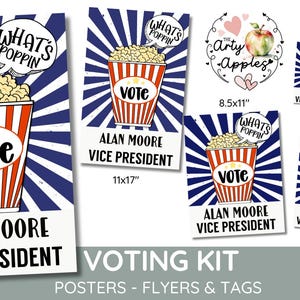 Cartel editable de la campaña electoral para niños, palomitas de maíz, volante de votación de la clase, presidente de la clase, vicepresidente, votación escolar, elección de estudiantes, etiqueta de regalo