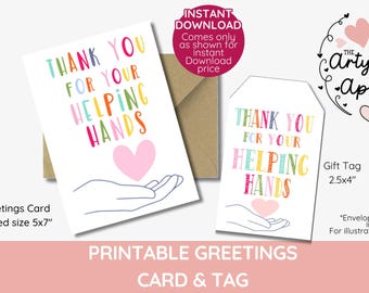 Thank you for your helping hands, Volunteer appreciation, gratitude gift tag and card, thanks, co-worker, PTO, Pta, Printable DOWNLOAD