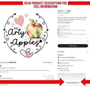 May include: Editable digital download of a thank you gift tag template featuring a watercolour illustration of a red apple with green leaves. The tag is 2 inches wide and 3.5 inches tall. The text on the tag reads "The Arty Apples".