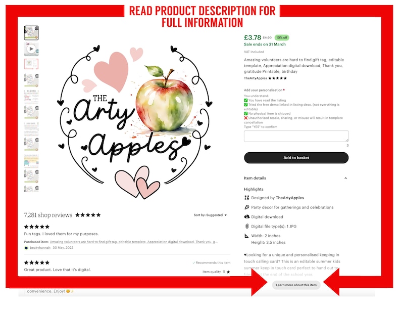 May include: Editable digital download of a thank you gift tag template featuring a watercolour illustration of a red apple with green leaves. The tag is 2 inches wide and 3.5 inches tall. The text on the tag reads "The Arty Apples".