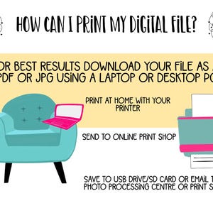 K&ouml;nnte beinhalten: Eine Infografik mit dem Titel HOW CAN I PRINT MY DIGITAL FILE? zeigt das Logo The Arty Apples, einen t&uuml;rkisfarbenen Sessel, einen pinken Laptop, einen Kaktus und einen Drucker. Der Text empfiehlt den Download als PDF oder JPG f&uuml;r den Druck.