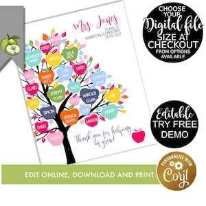 Teacher 24 apples class tree, editable digital download, thank you Teacher, Class Names, Teacher Appreciation Gift, End of year, printable