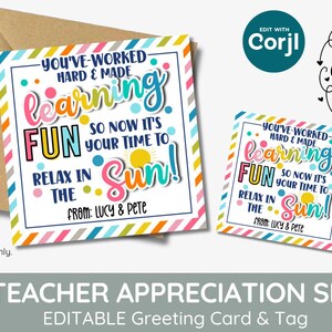 Modifiable Carte et étiquette cadeau Vous avez travaillé dur, apprentissage amusant, soleil d'été, étiquette de fin d'année, sac de plage, étiquette cadeau enseignant, merci, CORJL