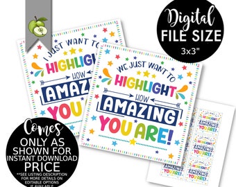 we want to highlight how amazing you are! teacher appreciation gift tag, staff thank you highlighter pens stationery, colourful, DOWNLOAD