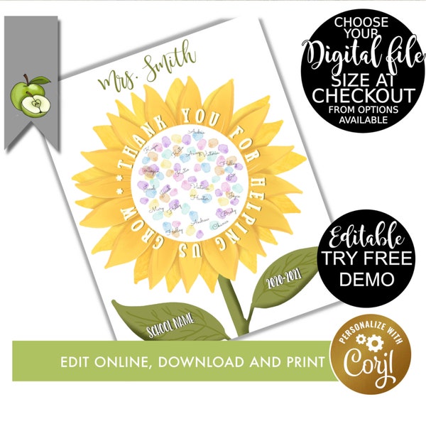 editable class fingerprint Teacher appreciation sunflower, custom Fingerprint class flower gift, digital download printable, Kids craft