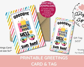 goodbye lesson plan hello sun tan teacher appreciation gift tag, Last Day of School Thank You Card Printable, End of The Year, bright summer