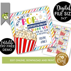 Popcorn appreciation gift tag, you make us pop with appreciation, movie night theme teacher thank you Personalized editable ADD Name