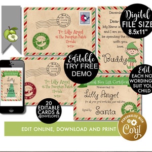 Cartas navideñas de elfos para niños, cartas de elfos imprimibles y editables, notas de elfos, carta del polo norte, notas de elfos imprimibles, sobres pequeños