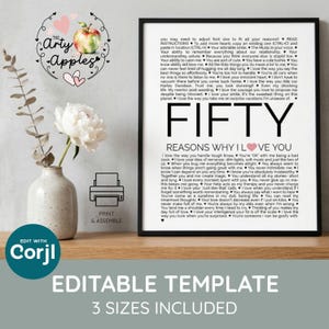 Könnte beinhalten: Ein gerahmtes weißes Poster mit dem fetten schwarzen Text FIFTY REASONS WHY I LOVE YOU, umgeben von zahlreichen kleinen schwarzen Herzsymbolen und detaillierten Textabschnitten. Das Design enthält ein kleines rosa Herz und schwarzen Anleitungstext.
