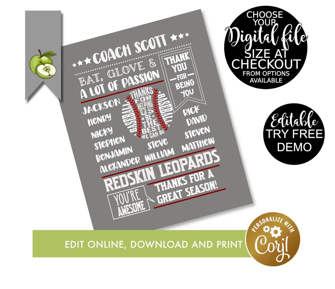 Editable Baseball Coach Appreciation, Retirement Baseball Coach ...