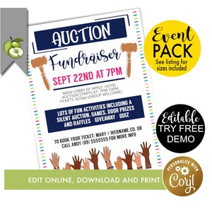 Auction fund-raising flyer and poster, Fundraiser Digital Invite, Black Tie Gala, charity Auction, Church, School Event editable
