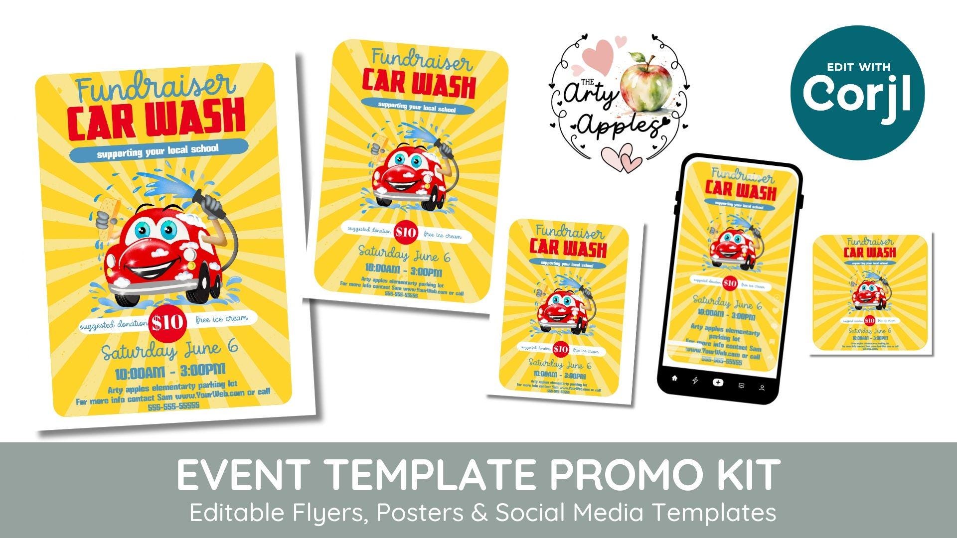 Editable Car Wash theme Event Flyer Printable, PTO Fundraiser,  PTA event, School, Church Fundraiser, charity poster, template, printable