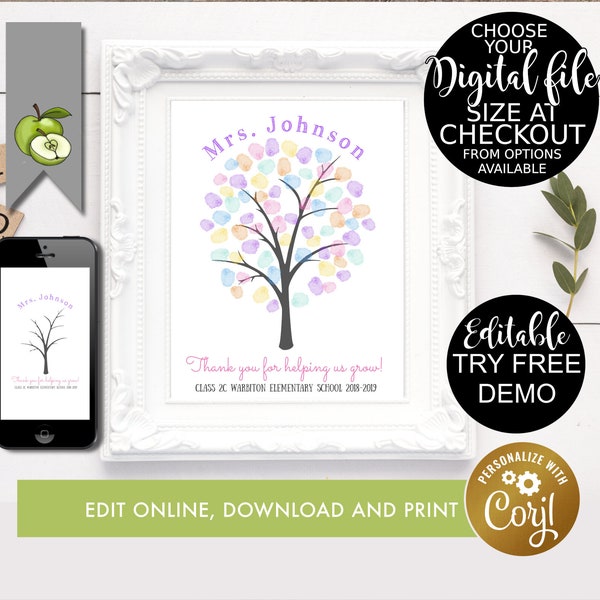 Teacher Appreciation student Gift, editable class tree template, Fingerprint class, custom, Thank you, printable, Teacher fingerprint tree