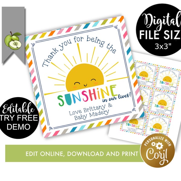 Editable teacher appreciation printable gift tag, thanks for being the sunshine mason jar, yellow bucket of sunshine, best teacher, leaving