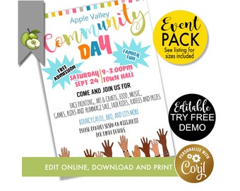 Editable Community Day flyer template, digital download block party event poster,  Neighborhood party church congregation, town Invitation,