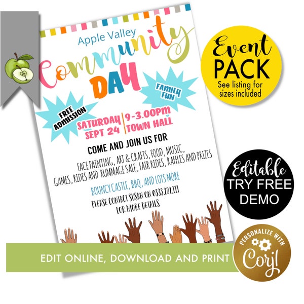 Editable Community Day flyer template, digital download block party event poster,  Neighborhood party church congregation, town Invitation,