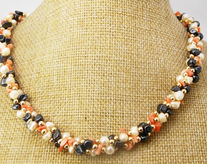 Coral,freshwater pearl and hematite vintage necklace