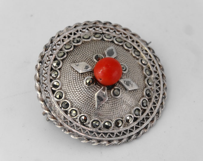 Edwardian engine turned coral brooch - perfect gift