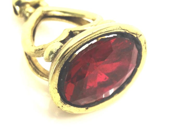 Double Heart Fob Seal Charm with Red Rhodolite Crystal