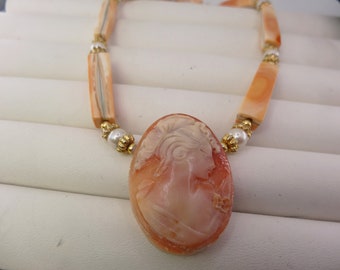 Carved cameo and conch necklace - one of a kind