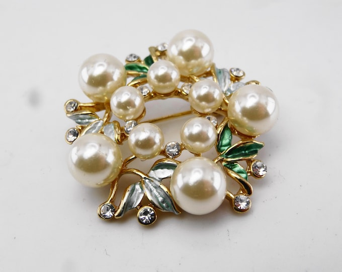 Diamante faux pearl and enamel brooch