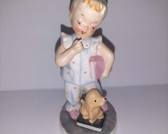 Vtg MCM Porcelain ADORABLE Little Girl In Pajamas w/Puppy & Story Book 5.5" READ