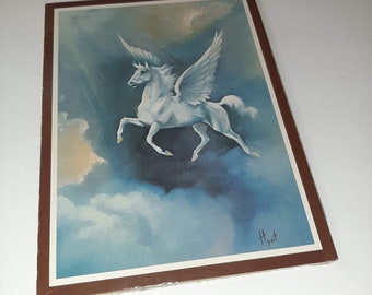 Vtg 70s Pegasus In Flight Wood Wall Decor Heart Warmer Gift Plaque NEW SEALED