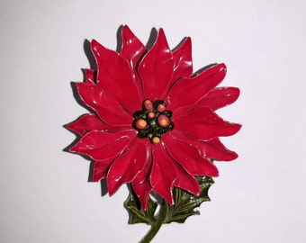 1960s Vintage Red Enameled Poinsettia Christmas Brooch Vtg Flower Holiday Pin 3"