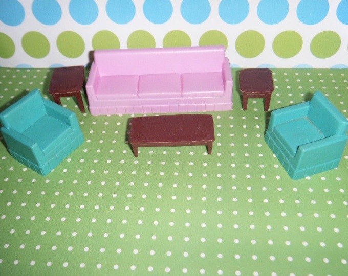 Vintage Plastic Dollhouse Furniture Living Room Group Couch Tables Side