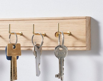 Oak key holder for wall with brass hooks